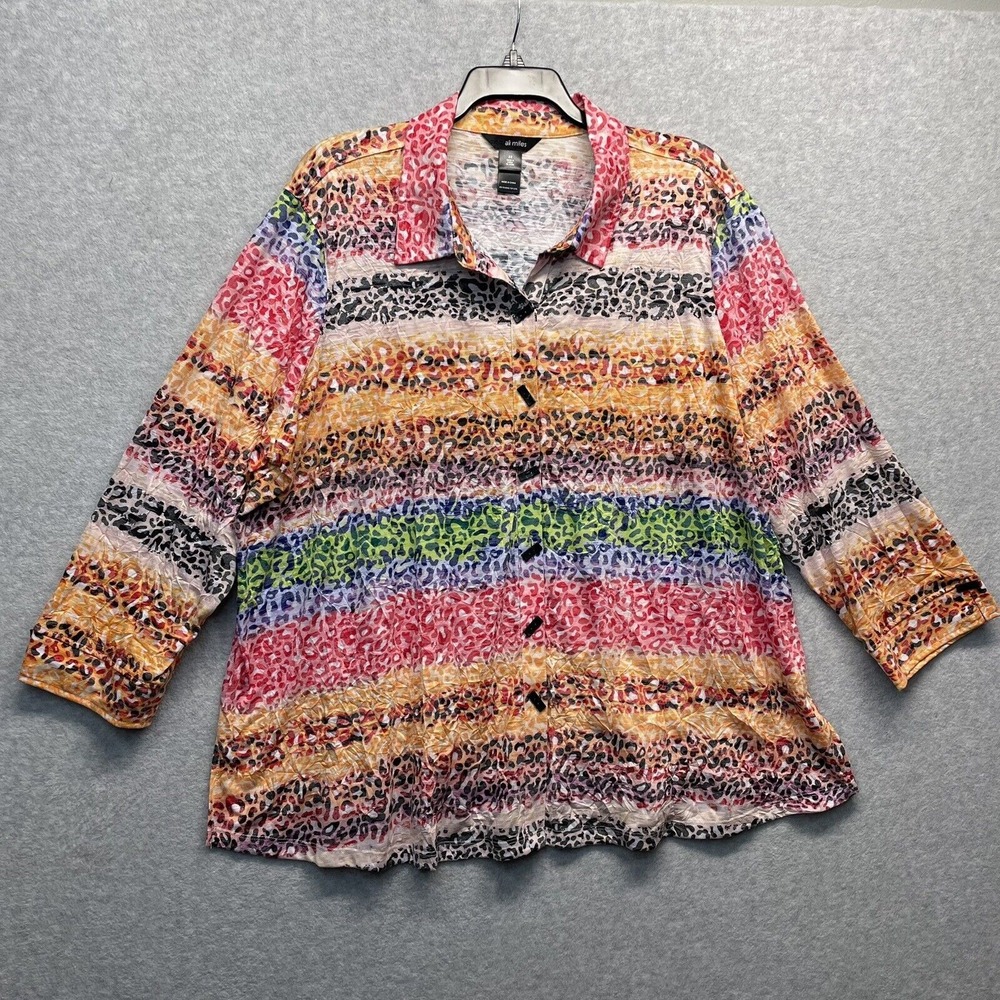 Ali‎ Miles Top Womens Plus 3X Animal Print Stripe Button Up Tunic Artsy New